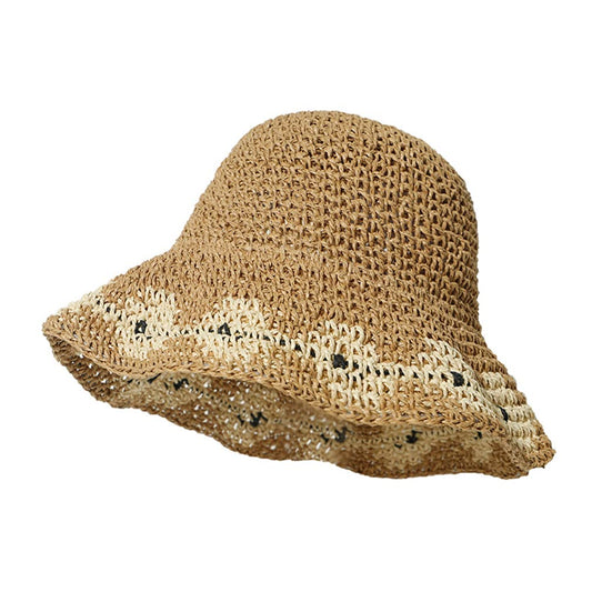 Women Brown Beige 2PCS Summer Soft Straw Hat Small Flower Woven Basin Hats Vacation Beach Hat Foldable Sunshade Hat Cap